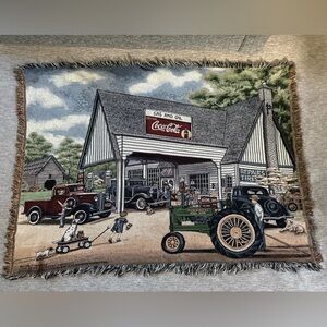 Vintage 1997 Coca-Cola & John Deere Woven Tapestry Throw Blanket – Gas Station